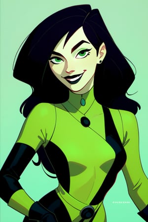 score_9, score_8_up, score_7_up, score_6_up, score_5_up, score_4_up  shego, black gloves, black hair, bodysuit, smile, green bodysuit, green eyes, green theme, long hair,  portrait, solo,     zPDXL 