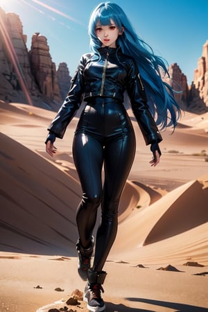 ((Alone:1.4)), ((Solo:1.4)), ((MEDIUM FULL SHOT:1.5)),realistic, masterpiece,best quality,High definition, (realistic lighting, sharp focus), high resolution,volumetric light, outdoors, dynamic pose, ,KOFKulaD, long hair, blue hair, red eyes, bangs, desert, noon, intense and shimmering sunlight