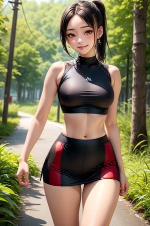 (masterpiece, best quality:1.2), solo, 1girl, yamanaka ino, smile, looking at viewer, hair over one eye, ponytail, hairclip, crop top, skirt, fishnets, earrings, midriff, forest ,yamanaka ino,clothing_inner_view