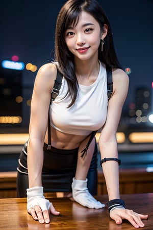 masterpiece, best quality, defTifa, white crop top, elbow pad, fingerless gloves, suspenders, pencil skirt, upper body, looking at viewer, leaning forward, smile, bar, city at night 