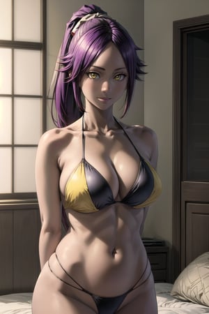 masterpiece, best quality, highres, collarbone, , indoors, cowboy shot, standing, smile, string bikini, black_string_bikini, arms behind back, curvy_figure , yoruichi shihouin, long hair, yellow eyes, ponytail, purple hair, ,dark-skinned female