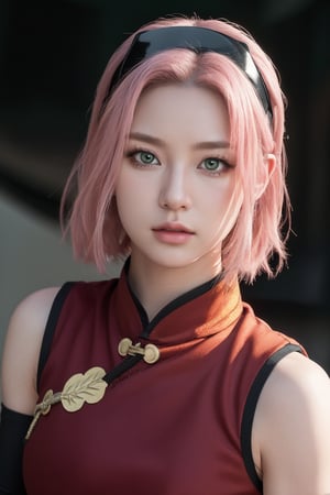 8k, best quality, masterpiece, realistic, ultra detail, photo realistic, Increase quality, Highly detailed, anime style character design of Sakura Haruno from Naruto with pink hair, (green eyes:0.8), and smooth skin, detailed facial features: large expressive eyes with long eyelashes, small nose, and determined lips, strong jawline, high cheekbones, fierce and focused expression, battle-ready stance, (wearing a red qipao dress :1.2), black shorts, elbow protectors, white gloves, red forehead protector with the Leaf Village symbol, hair styled in shoulder-length, straight cut, slim build, athletic physique, strong posture, dynamic anime-style background, bright and intense, with motion effects to indicate action, serious, looking at viewer, hairband, forehead protector, sleeveless shirt, gloves, looking_at_viewer:1.4, portrait,harunoshipp,harunonewera, black sash, detailed face