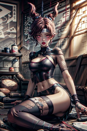 nar_kurenai_yuhi,forehead protector,bandages,sarashi,red eyes,makeup,lipstick,ninja,lipstick,fishnets,sitting,