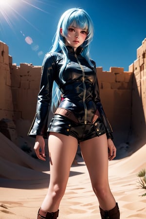 ((Alone:1.4)), ((Solo:1.4)), ((MEDIUM FULL SHOT:1.5)),realistic, masterpiece,best quality,High definition, (realistic lighting, sharp focus), high resolution,volumetric light, outdoors, dynamic pose, ,KOFKulaD, long hair, blue hair, red eyes, bangs, desert, noon, intense and shimmering sunlight