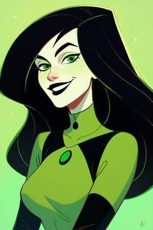 score_9, score_8_up, score_7_up, score_6_up, score_5_up, score_4_up  shego, black gloves, black hair, bodysuit, smile, green bodysuit, green eyes, green theme, long hair,  portrait, solo,     zPDXL 