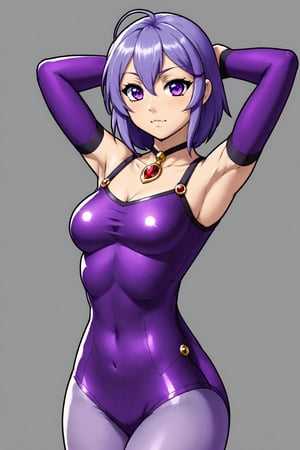 score_9, score_8_up, score_7_up, score_6_up, score_5_up, score_4_up, BREAK, source_anime,ravendc, 1girl, solo,grey skin, forehead jewel, purple hair,leotard