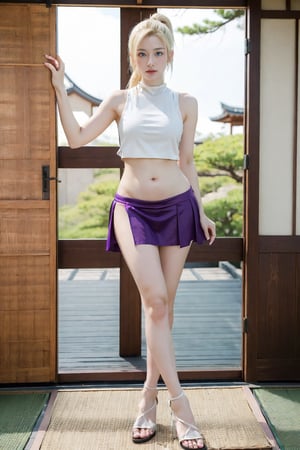 masterpiece, naruto Yamanaka Ino cosplay girl, photograph of beautiful 20 year old girl,full body to the feet, perfect nude legs,sexy body, 8k, high resolution, realphoto,
at japanese view, japanese temple, photorealistic, ultra-high resolution, detailed, cute, feminine, white Bright white blond hair, long high ponytail, half big bangs, 
light blue eyes, High-neck purple short vest (showing the belly), purple skirt (slit in the middle), showing beautiful legs, high-heeled sandals, D cup, seductive pose, long beauty nude legs, nude feets, clean and white skin, full body shooting, sexy legs ,sexy pose, haruno sakura,young girl,Yamanaka Ino,sexy,,yamanaka_ino,Nice legs and hot body