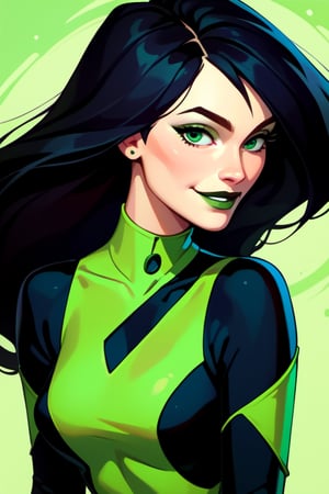 taylor swift ,score_9, score_8_up, score_7_up, score_6_up, score_5_up, score_4_up  shego, black gloves, black hair, bodysuit, smile, green bodysuit, green eyes, green theme, long hair,  portrait, solo,     zPDXL 