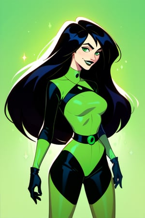 taylor swift ,score_9, score_8_up, score_7_up, score_6_up, score_5_up, score_4_up  shego, black gloves, black hair, bodysuit, smile, green bodysuit, green eyes, green theme, long hair,  portrait, solo,     zPDXL 