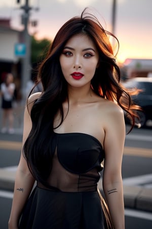  Hyuna_V1,, (realistic), (hyperrealism), (photorealistic:1.4), 1girl, looking at the viewer, eye makeup, detailed eyes, detailed face, (upper body:1.2), detailed background, black dress, walking at the streets, sunset, (windy:1.2)