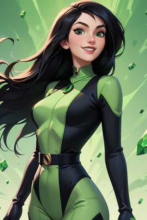 taylor swift ,score_9, score_8_up, score_7_up, score_6_up, score_5_up, score_4_up  shego, black gloves, black hair, bodysuit, smile, green bodysuit, green eyes, green theme, long hair,  portrait, solo,     zPDXL 