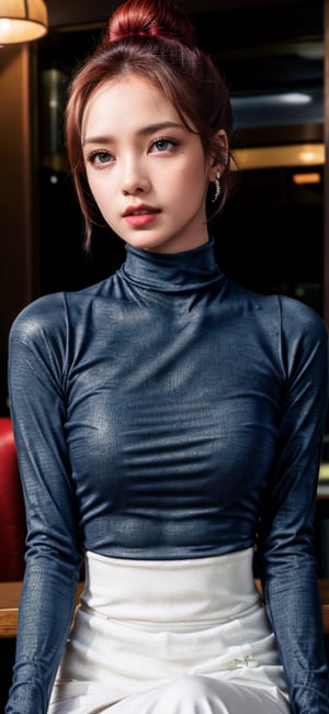 #McBane: photo of extremely sexy italian woman, a sexy student, closeup portrait upsweep updo, (red tight long sleeve turtleneck top), at a  bar, masterpiece, photorealistic, best quality, detailed skin, intricate, 8k, HDR, cinematic lighting, sharp focus, eyeliner, painted lips, earrings, extremely sexy seductive blue eyes, perfect