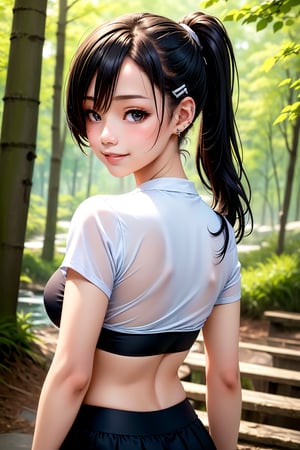 (masterpiece, best quality:1.2), solo, 1girl, yamanaka ino, smile, looking at viewer, hair over one eye, ponytail, hairclip, crop top, skirt, fishnets, earrings, midriff, forest ,yamanaka ino,clothing_inner_view