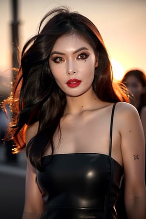  Hyuna_V1,, (realistic), (hyperrealism), (photorealistic:1.4), 1girl, looking at the viewer, eye makeup, detailed eyes, detailed face, (upper body:1.2), detailed background, black dress, walking at the streets, sunset, (windy:1.2)