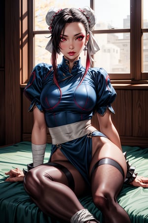 nar_kurenai_yuhi,forehead protector,bandages,sarashi,red eyes,makeup,lipstick,ninja,lipstick,fishnets,sitting,