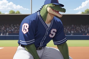 Score_9, Score_8_up, Score_7_up, masterpiece, best quality, 4k, perfect lighting, very aesthetic, absurdres, uncensored, rating_explicit, nsfw, source_anime, BREAK, 1man, ((anthropomorphic alligator umpire)), baseball player, coaching, inspiring