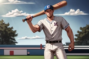 Score_9, Score_8_up, Score_7_up, masterpiece, best quality, 4k, perfect lighting, very aesthetic, absurdres, uncensored, rating_explicit, nsfw, source_anime, BREAK, 1man, ((an alligator)), wearing classic baseball uniform, baseball cap, baseball field, pointing bat towards the outfield