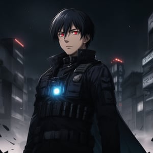 Score_9, Score_8_up, Score_7_up, masterpiece, best quality, 4k, perfect lighting, very aesthetic, absurdres, uncensored, rating_general, sfw, source_anime, BREAK, 1boy, solo, hei_darker_than_black, black hair, spiky hair, glowing red eyes, determined expression, long black coat, [tactical vest], [utility belt], (thick blue outline), ((dagger blade)), tokyo, night, fallen star background, arms forward,Details++