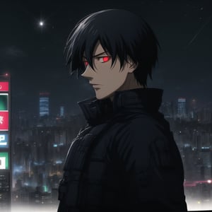 Score_9, Score_8_up, Score_7_up, masterpiece, best quality, 4k, perfect lighting, very aesthetic, absurdres, uncensored, rating_general, sfw, source_anime, BREAK, 1boy, solo, hei_darker_than_black, black hair, spiky hair, glowing red eyes, determined expression, long black coat, [tactical vest], [utility belt], (thick blue outline), short double edged dagger, tokyo, night, fallen star background, arms forward,Details++