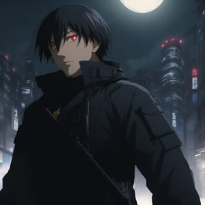 Score_9, Score_8_up, Score_7_up, masterpiece, best quality, 4k, perfect lighting, very aesthetic, absurdres, uncensored, rating_general, sfw, source_anime, BREAK, 1boy, solo, hei_darker_than_black, black hair, spiky hair, glowing red eyes, determined expression, long black coat, [tactical vest], [utility belt], (thick blue outline), short double edged dagger, tokyo, night, fallen star background, arms forward,Details++