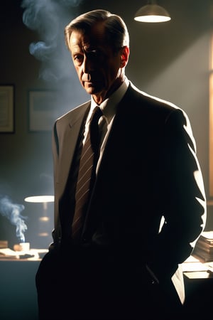 masterpiece, best quality, 4k, perfect lighting, very aesthetic, absurdres, uncensored, rating_general, sfw, source_anime, BREAK, 1boy, william b davis, cigarette smoking man, xfiles, dusty file room, lit cigarette, ((backlit, silhouette)), deep shadows, business suit, tie, haze atmosphere