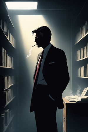 masterpiece, best quality, 4k, perfect lighting, very aesthetic, absurdres, uncensored, rating_general, sfw, source_anime, BREAK, 1boy, william b davis, cigarette smoking man, xfiles, dusty file room, lit cigarette, ((backlit, silhouette)), deep shadows, business suit, tie, hazy atmosphere