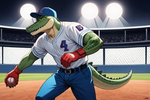 Score_9, Score_8_up, Score_7_up, masterpiece, best quality, 4k, perfect lighting, very aesthetic, absurdres, uncensored, rating_general, source_anime, BREAK, 1man, ((anthropomorphic alligator umpire)), baseball player, coaching, inspiring