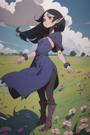 1girl, solo, long hair, dress, , twintails, jewelry, , flower, pantyhose, earrings, boots, outdoors, sky, day, pointy ears, belt, cloud, blue sky, black pantyhose, capelet,  elf, wind, field, perspective from above