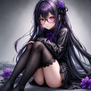 1girl, (masterpiece), best quality, expressive eyes, perfect face, anime girl with black hair and purple flowers in her hair, anime girl wearing a black dress, dark flowers, black flowers, purple and black clothes, violet and black, purple and black color palate, gothic maiden anime girl, school girl in gothic dress, gothic girl dressed in black, violet flower, purple and black color scheme, ((purple)), dark purple, (purple and dark blue eye heterochromia)+, sitting, black thighhighs, hugging own legs, glasses, Add more details, More Detail