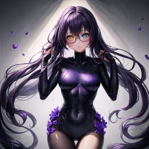 1girl, (masterpiece), best quality, expressive eyes, perfect face, anime girl with purple and black hair and purple flowers in her hair, anime girl wearing a black samus zero suit outfit, dark flowers, black flowers, purple and black clothes, violet and black, purple and black color palate, gothic maiden anime girl, school girl in samus zero suit outfit, gothic girl dressed in black, violet flower, purple and black color scheme, ((purple)), dark purple, small breast, (purple and dark blue eye heterochromia)+, glasses, Add more details, More Detail