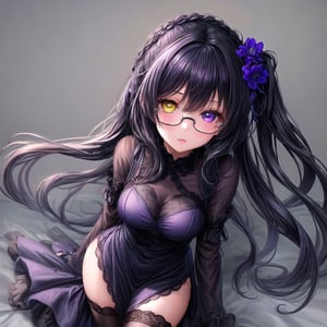 1girl, (masterpiece), best quality, expressive eyes, perfect face, anime girl with black hair and purple flowers in her hair, anime girl wearing a black dress, dark flowers, black flowers, purple and black clothes, violet and black, purple and black color palate, gothic maiden anime girl, school girl in gothic dress, gothic girl dressed in black, violet flower, purple and black color scheme, ((purple)), dark purple, (purple and dark blue eye heterochromia)+, black thighhighs, glasses, Add more details, More Detail