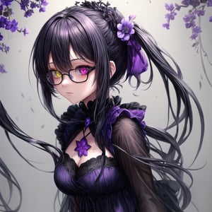 1girl, (masterpiece), best quality, expressive eyes, perfect face, anime girl with black hair and purple flowers in her hair, anime girl wearing a black dress, dark flowers, black flowers, purple and black clothes, violet and black, purple and black color palate, gothic maiden anime girl, school girl in gothic dress, gothic girl dressed in black, violet flower, purple and black color scheme, ((purple)), dark purple, (purple and dark blue eye heterochromia)+, black thighhighs, glasses, Add more details, More Detail