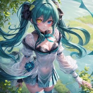 1girl, (masterpiece), best quality, expressive eyes, perfect face, anime girl with blue hair and green flowers in her hair, anime girl wearing a green holographic dress, green flowers, blue flowers, green and aqua clothes, green and aqua, green and aqua color palate, maiden anime girl, school girl in holographic dress, girl dressed in green, rose flower, green and blue color scheme, ((green)), dark green, small breast, (aqua and yellow eye heterochromia)+, white thighhighs,Add more details,More Detail