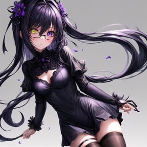 1girl, (masterpiece), best quality, expressive eyes, perfect face, anime girl with black hair and purple flowers in her hair, anime girl wearing a black dress, dark flowers, black flowers, purple and black clothes, violet and black, purple and black color palate, gothic maiden anime girl, school girl in gothic dress, gothic girl dressed in black, violet flower, purple and black color scheme, ((purple)), dark purple, small breast, (purple and dark blue eye heterochromia)+, black thighhighs, glasses, Add more details, More Detail