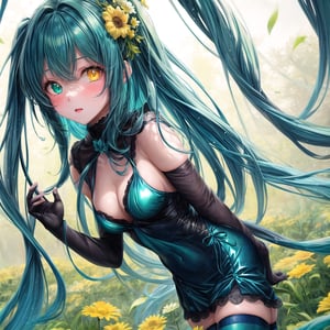 1girl, (masterpiece), best quality, expressive eyes, perfect face, anime girl with blue hair and green flowers in her hair, anime girl wearing a green holographic dress, green flowers, blue flowers, green and aqua clothes, green and aqua, green and aqua color palate, maiden anime girl, school girl in holographic dress, girl dressed in green, rose flower, green and blue color scheme, ((green)), dark green, small breast, (aqua and yellow eye heterochromia)+, white thighhighs,Add more details,More Detail