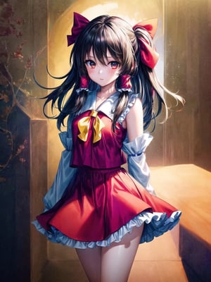 1girl, (masterpiece), best quality, expressive eyes, perfect face, anime girl in red and white outfit, artistic render of reimu hakurei, splash art anime, reimu hakurei, from the touhou videogame, official character art, characters from touhou, detailed art, official character illustration, Add Details, Add More Details,MixV1