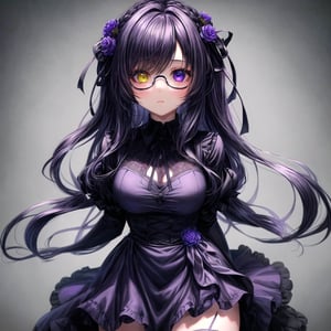 1girl, (masterpiece), best quality, expressive eyes, perfect face, anime girl with black hair and purple flowers in her hair, anime girl wearing a black dress, dark flowers, black flowers, purple and black clothes, violet and black, purple and black color palate, gothic maiden anime girl, school girl in gothic dress, gothic girl dressed in black, violet flower, purple and black color scheme, ((purple)), dark purple, (purple and dark blue eye heterochromia)+, black thighhighs, glasses, Add more details, More Detail