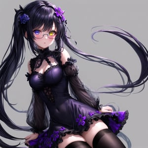 1girl, (masterpiece), best quality, expressive eyes, perfect face, anime girl with black hair and purple flowers in her hair, anime girl wearing a black dress, dark flowers, black flowers, purple and black clothes, violet and black, purple and black color palate, gothic maiden anime girl, school girl in gothic dress, gothic girl dressed in black, violet flower, purple and black color scheme, ((purple)), dark purple, (purple and dark blue eye heterochromia)+, black thighhighs, glasses, Add more details, More Detail