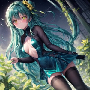 1girl, (masterpiece), best quality, expressive eyes, perfect face, anime girl with blue hair and green flowers in her hair, anime girl wearing a green holographic dress, green flowers, blue flowers, green and aqua clothes, green and aqua, green and aqua color palate, maiden anime girl, school girl in holographic dress, girl dressed in green, rose flower, green and blue color scheme, ((green)), dark green, small breast, (aqua and yellow eye heterochromia)+, white thighhighs