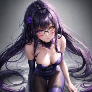 1girl, (masterpiece), best quality, expressive eyes, perfect face, anime girl with purple and black hair and purple flowers in her hair, anime girl wearing a black samus zero suit outfit, dark flowers, black flowers, purple and black clothes, violet and black, purple and black color palate, gothic maiden anime girl, school girl in samus zero suit outfit, gothic girl dressed in black, violet flower, purple and black color scheme, ((purple)), dark purple, small breast, (purple and dark blue eye heterochromia)+, glasses, Add more details, More Detail