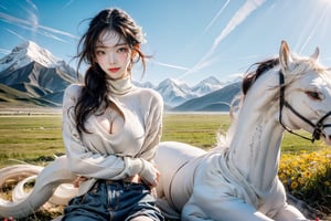 Here's the masterpiece prompt:

Capture a stunning 8K image of Karina, a gorgeous Korean girl, riding a majestic white dragon horse in an eye-level shot against the breathtaking backdrop of Snow-capped mountains and Mongolian grasslands at the lively Mongolian Horse Racing Festival. Her pale skin glows with a subtle blush as she smiles, her eyes rolling with playful abandon behind glowing pupils. Her long, light red hair falls to her waist in a fashionable hairstyle, framing her perfect face with its flawless features. She wears a green Turtleneck sweater that showcases her cleavage and sideboobs, paired with black see-through stockings and no underwear, exuding confidence and beauty. The camera captures the intricate details of her skin texture, detailed hair, and realistic facial expressions.