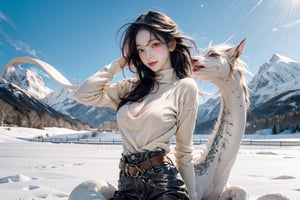 Here's the masterpiece prompt:

Capture a stunning 8K image of Karina, a gorgeous Korean girl, riding a majestic white dragon horse in an eye-level shot against the breathtaking backdrop of Snow-capped mountains and Mongolian grasslands at the lively Mongolian Horse Racing Festival. Her pale skin glows with a subtle blush as she smiles, her eyes rolling with playful abandon behind glowing pupils. Her long, light red hair falls to her waist in a fashionable hairstyle, framing her perfect face with its flawless features. She wears a green Turtleneck sweater that showcases her cleavage and sideboobs, paired with black see-through stockings and no underwear, exuding confidence and beauty. The camera captures the intricate details of her skin texture, detailed hair, and realistic facial expressions.