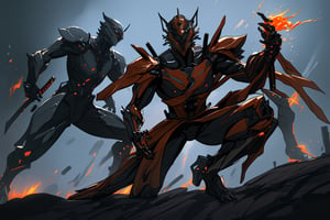 armoured samurai warrior, big japanese katana, dark theamed, mecha warrior, black armor,Warframe, flaming