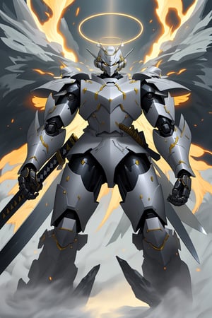 armoured samurai warrior, big japanese katana, dark theamed, mecha warrior, flaming katana.,blessedtech, black armor