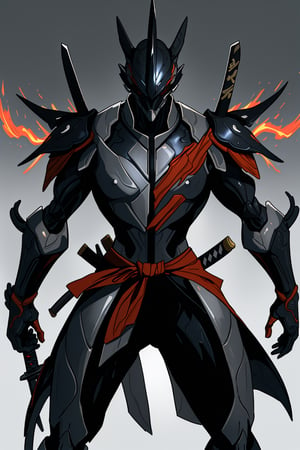 armoured samurai warrior, big japanese katana, dark theamed, mecha warrior, flaming katana.,blessedtech, black armor,Warframe