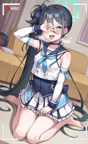 score_9, score 8_up, score_7 up, hot breath, sweat, dutch angle, heart, run, full body,
aris-idol, aris \(blue archive\), blue eyes, side ponytail, black hair, absurdly long hair, hair between eyes, hair ribbon, halo, choker, idol clothes, sailor collar, detached sleeves, corset, pleated skirt, frilled skirt, 
very blushing, 
indoor, Living room, sitting on the sofa,
covered nipples, smile, half-closed eyes, recording, viewfinder, one hand covering eyes, tongue out, saliva, V sign, mouth open