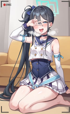 score_9, score 8_up, score_7 up, hot breath, sweat, dutch angle, heart, run, full body,
aris-idol, aris \(blue archive\), blue eyes, side ponytail, black hair, absurdly long hair, hair between eyes, hair ribbon, halo, choker, idol clothes, sailor collar, detached sleeves, corset, pleated skirt, frilled skirt, 
very blushing, 
indoor, Living room, sitting on the sofa,
covered nipples, smile, half-closed eyes, recording, viewfinder, one hand covering eyes, tongue out, saliva, V sign, mouth open