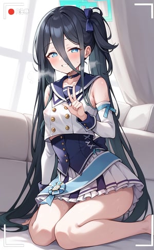 score_9, score 8_up, score_7 up, hot breath, sweat, dutch angle, heart, run, full body,
aris-idol, aris \(blue archive\), blue eyes, side ponytail, black hair, absurdly long hair, hair between eyes, hair ribbon, halo, choker, idol clothes, sailor collar, detached sleeves, corset, pleated skirt, frilled skirt, 
very blushing, 
indoor, Living room, sitting on the sofa,
covered nipples, smile, half-closed eyes, steaming body, recording, viewfinder, v gesture,