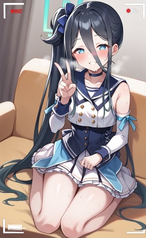 score_9, score 8_up, score_7 up, hot breath, sweat, dutch angle, heart, run, full body,
aris-idol, aris \(blue archive\), blue eyes, side ponytail, black hair, absurdly long hair, hair between eyes, hair ribbon, halo, choker, idol clothes, sailor collar, detached sleeves, corset, pleated skirt, frilled skirt, 
very blushing, 
indoor, Living room, sitting on the sofa,
covered nipples, smile, half-closed eyes, steaming body, recording, viewfinder, v gesture,