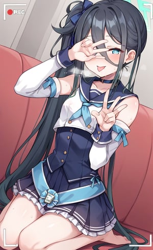 score_9, score 8_up, score_7 up, hot breath, sweat, dutch angle, heart, run, full body,
aris-idol, aris \(blue archive\), blue eyes, side ponytail, black hair, absurdly long hair, hair between eyes, hair ribbon, halo, choker, idol clothes, sailor collar, detached sleeves, corset, pleated skirt, frilled skirt, 
very blushing, 
indoor, Living room, sitting on the sofa,
covered nipples, smile, half-closed eyes, recording, viewfinder, one hand covering eyes, tongue out, saliva, V sign